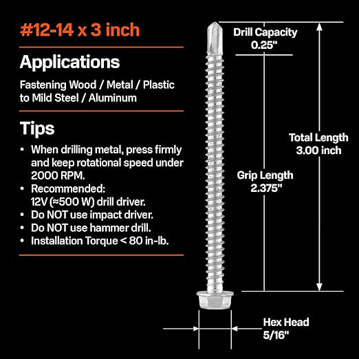 SUNKIN 42PCS Self Tapping Screws for Metal, Bi-Metal Stainless Steel 304 Rustproof, #12 x 3 Hex Head, Hardened Self Drilling Tip for Steel, Extreme Long Service Life
