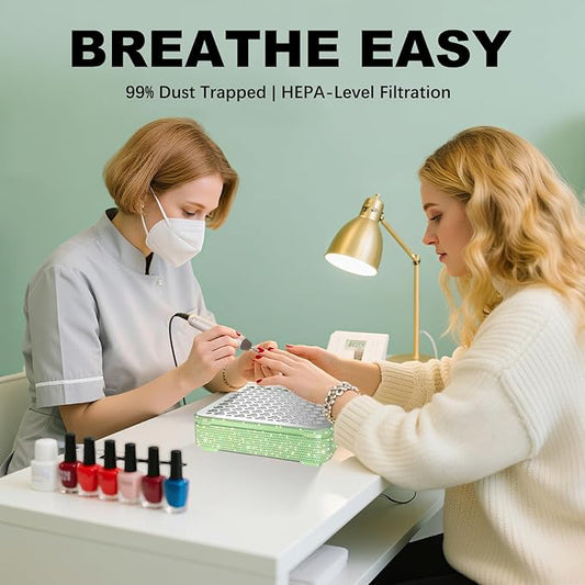 Nail Dust Collector | 1000PA Dust Collector Nail Tech | 10 Speed Levels | Low Noise & Strong Suction | Reusable Filter, 10 Pads + Nail Dust Brush | for Acrylic Nails, Salon & Home -Grass Green Diamond