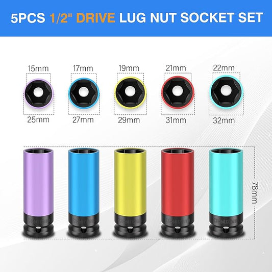 5PCS 1/2" Drive Wheel Protector Impact Socket, Non-Marring Lug Nut Deep Socket Set, CR-MO, 6 Point, Color-Coded Protective Socket | Metric 15 17 19 21 22 mm