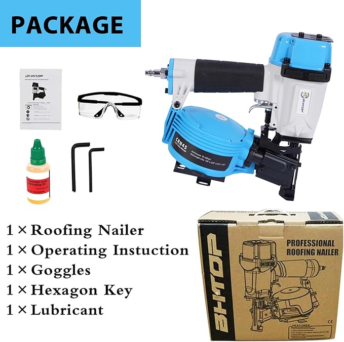 BHTOP Guatemala Style CN45N Roofing Nailer, 15 Degree Roofing Nail Gun, 3/4-Inch to 1-3/4-Inch Coil Nails, 120-pcs Load Capacity Coil Nailer