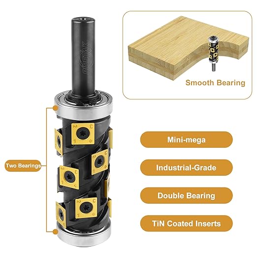 Heavy Duty Flush Trim Router Bit 1/2" Shank, 14 PCS Carbide Inserts with TiN Coating, Top and Bottom Bearing Flush-Cut Spiral CNC Router Bits for Woodworking Trimming (Double Bearing) Black