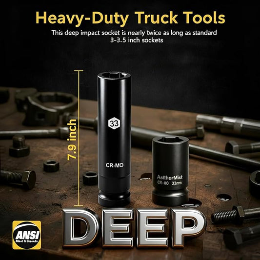 1 Inch Driver 33mm Extra Deep Impact Socket, 7.9 inch Length Deep Axle Nut Socket,6 Point Cr-Mo Deep Truck Wheel Nut Socket,Radius Corner Design, Chamfered Opening