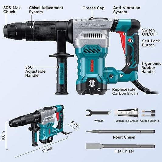 ENEACRO SDS-Max Demolition Jack Hammer for Concrete, Lightweight 11 Amp Electric Demo Chipping Hammer,Aluminum Alloy Shell, Vibration Control, Includes Grease, Tool Bag and Chisels