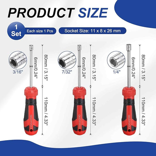 HARFINGTON 3 Pcs SAE Nut Driver 3/16" / 7/32" / 1/4" CR-V Non-Magnetic Tip Hollow Shafts Hex Socket Screwdriver with Anti-Slip Handle for Automobile Repair Bit Driver