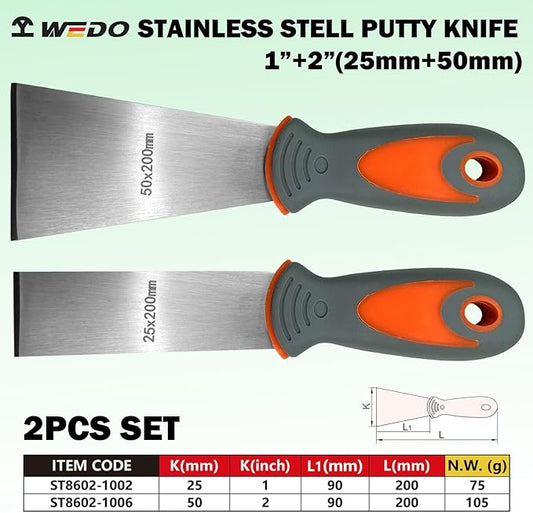 WEDO Putty Knife Scraper Set 2PCS, 1"+2" Spackle Knife,Stainless Steel Paint Scraper for Drywall Repairing and Clearing,Taping Knife with Anti-slip Handle,Length 200mm