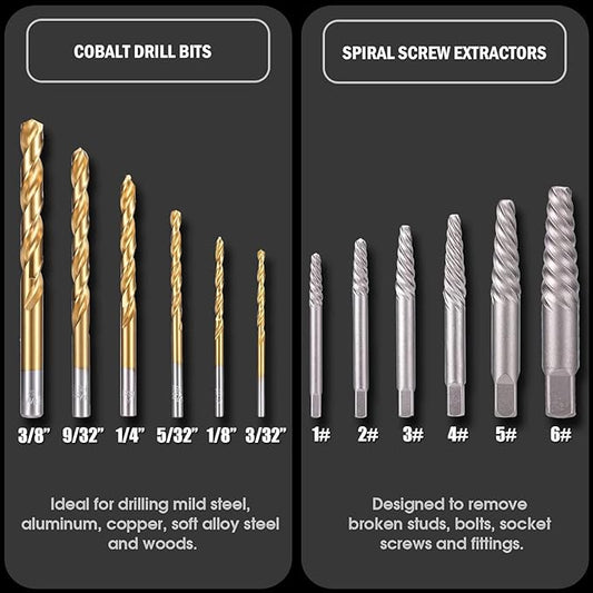 REXBETI 26-Piece Bolt Extractor Screw Extractor Set and Cobalt Drill Bit Set, Case with 13-Piece Bolt Extractor, 6-Piece HSS Drill Bit, 6-Piece Spiral Screw Extractor and 1-Piece Socket Adapter
