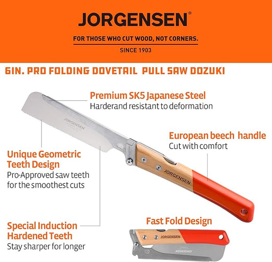 JORGENSEN Japanese Pull Saw, 6 Inch Pro Folding Dovetail Saw with Beech Wood Long handle, SK5 Steel Blade Tool-less Quick Change, 21TPI Cross Cut Woodworking Handsaw for Hardwood, Softwood