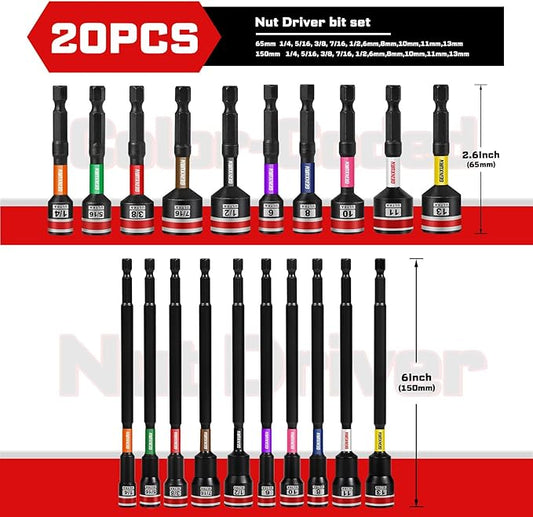 Impact Nut Driver Set, 20 Pieces 2.56???쒵ong 6mm/8mm/10mm/ 11mm/13mm 1/4??/16??/8??/16??/2?? Point Alloy Steel Magnetic Metric/SAE Nut Setter 1/4 Hex Shank Impact Driver with Case Box