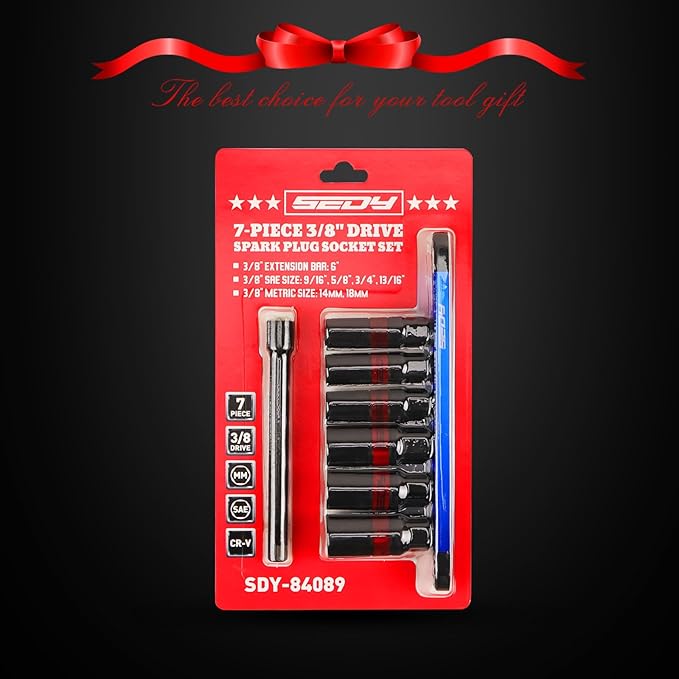 8-Piece 3/8''-Drive Spark Plug Socket Set, SAE & Metric Impact Spark Plug Socket Set with Magnetic Rail, 9/16-inch, 5/8-inch, 3/4-inch, 13/16-inch, 14mm, 18mm, Extension Bars