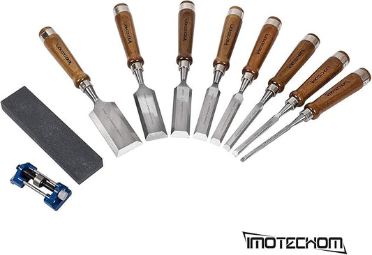 10-Pieces Woodworking Wood Chisel Set with Wooden Box, Honing Guide, Sharpening Stone, Razor Sharp CR-V 60 Steel Blades