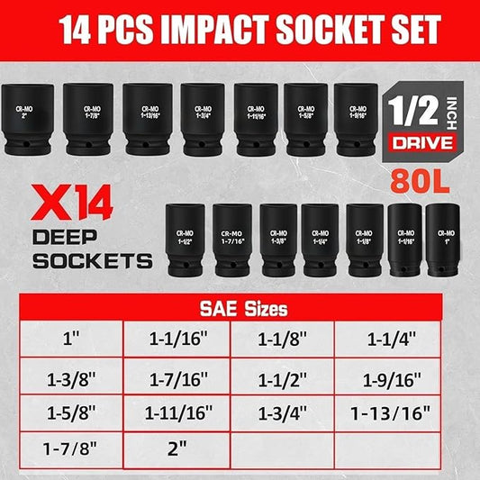 1/2" Inch Drive Deep Impact Socket Set,6-Point,SAE Sizes(1??2??,14 PCS,Cr-Mo Steel,Heavy Duty Impact Sockets for Automotive & Industrial Machinery,With a Storage Case