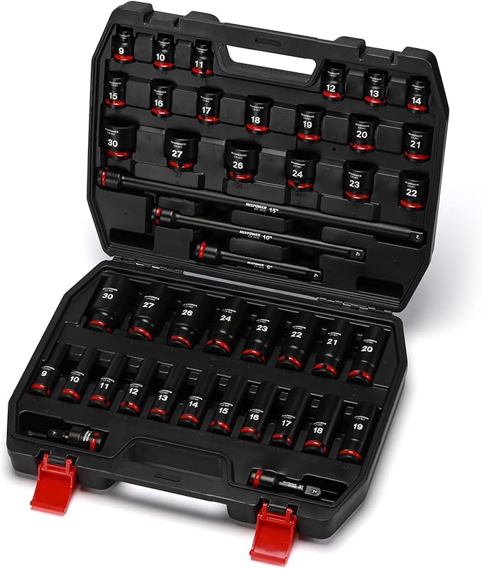 MIXPOWER 43 Pieces 1/2" Drive Deep and Shallow Impact Socket Set, 6 Point,Metric Sizes 9-30mm, 1/2'' Impact Universal Joint, 1/2"Drive Extension Bars:3",6",10",15",CR-MO Steel Mechanic Socket Set