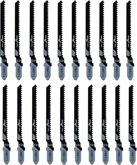 TAROSE 20-Piece T119BO 3 Inch 12 TPI Assorted T-Shank Scrolling Jig Saw Blades Set for Precision Cutting Wood
