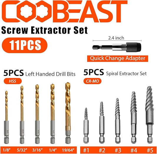 11Pcs Screw Extractor Set, Left Hand Drill Bit and Bolt Extractor Kit Easy to Remove Stripped Broken Damaged Screw Bolt and Nut Out, Reverse Drill Bit Extractor Set with Sturdy Case