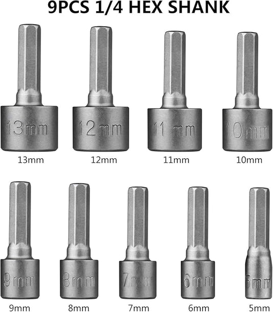 Nut Driver Set, HPHOPE 9 Pcs Socket Spanner Set 5-13mm Socket Bit Adapter 1/4 Inch Hex Shank, Suitable for Any Brand of Hand Drills, Electric Drills, Electric Screwdrivers and Socket Wrench