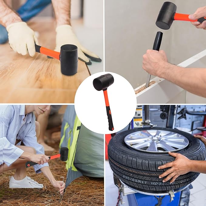 4 PCS 16 OZ Rubber Mallet, Rubber Hammer Head With Black-Yellow Fiberglass Handle Perfect For Wood, Metal, Plastic, Glass, And Ceramics. By GENHAKON