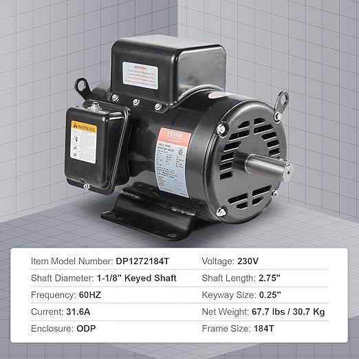 VEVOR 7.5HP Air Compressor Motor, 230V 31.6 Amps Electric Motor, 3450RPM 184T Frame, 1-1/8" Keyed Shaft, 2.75" Shaft Length for Air Compressors, Single Phase, CCW/CCW (Factory Setting is CCW)
