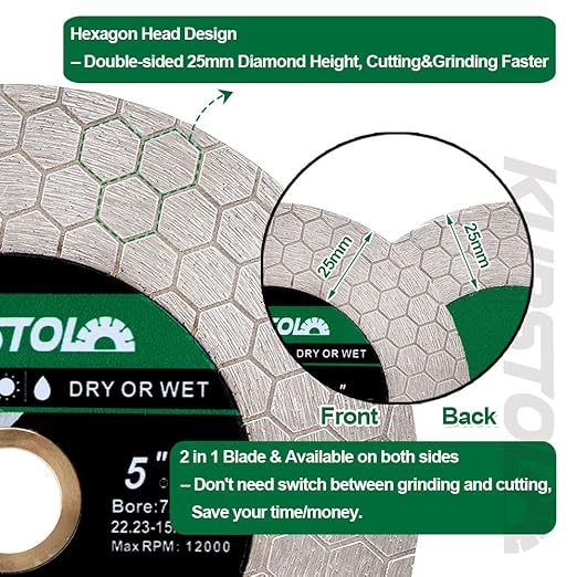Tile Diamond Saw Blade - 5PCS 5"/125mm Dual-Purpose Diamond Cutting Disc,Angel Grinder Blade Arbor 7/8"-5/8" for Cutting and Grinding Ceramic Tiles,Porcelain,Granite,Marble