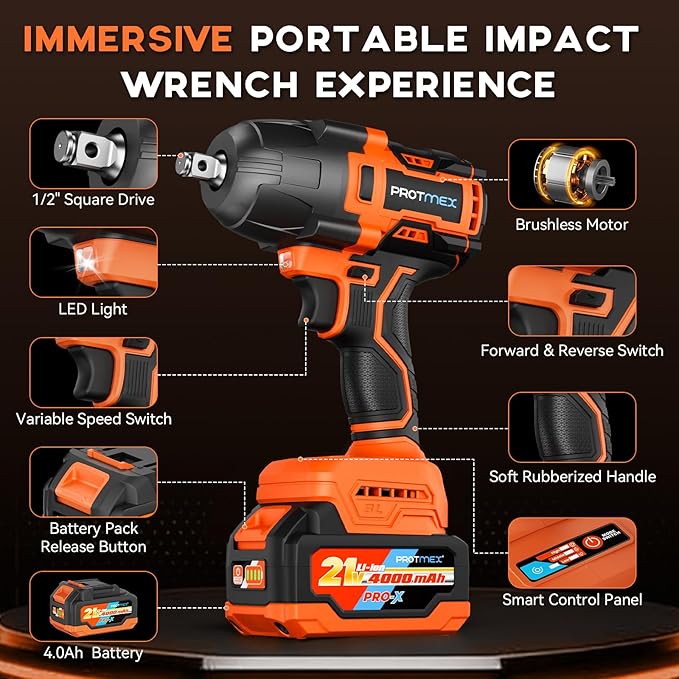 900Ft-lbs (1200N.m) Impact Wrench, 1/2" Cordless Impact Driver, 21V High Torque Power Impact Gun - 2x4.0Ah Batteries, Variable Speeds Impact Motor for Pickup Truck/Family Car (Orange Red)