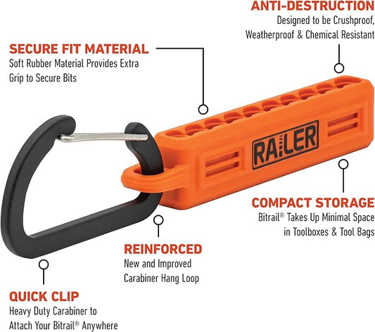 Screwdriver Bit Holder Storage Organizer ??Railer 10-Hole Black Bit Holder with Carabiner - 2 Pack