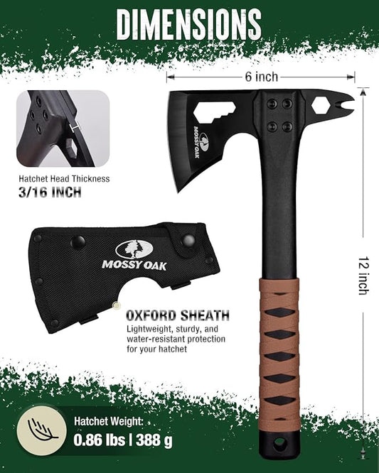 MOSSY OAK 12" Camping Axe and Survival Hatchet with Sheath, Compact Outdoor Multitool Hatchet with Hex Wrench Slots, Non-Slip Dual-Color Handle, Small Camping Gear for Hiking, Chopping, Hunting