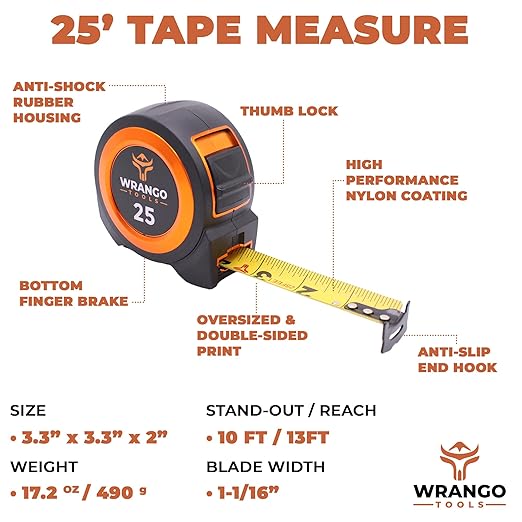 Wrango Tools 25 FT Tape Measure - Retractable Measuring Tape - Oversized & Double-Sided Print - Blade Lock, Finger Brake - Nylon Coating, 10' Stand-Out - 13' Reach / 1-1/16" Blade - 2 Pack