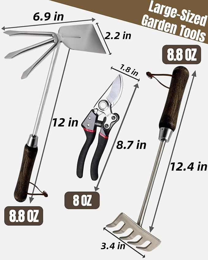 Garden Tool Set, 6PCS Heavy Duty Stainless Steel Gardening Hand Tools with Ropes, Includes Hand Cultivator Shovel Trowel Transplanter 2-in-1 Hoe Pruner Ideal Gardening Gifts for Women Men (Gift Box)