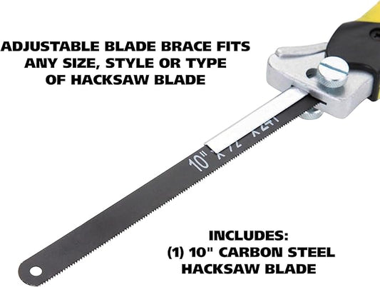 GreatNeck 80070 True Close Quarter Hacksaw, Cut Through Wood, PVC, Foam, Brass, and More, 10 inch Carbon Steel Blade and Strong Aluminum Hacksaw Frame Included, Designed for Power and Comfort