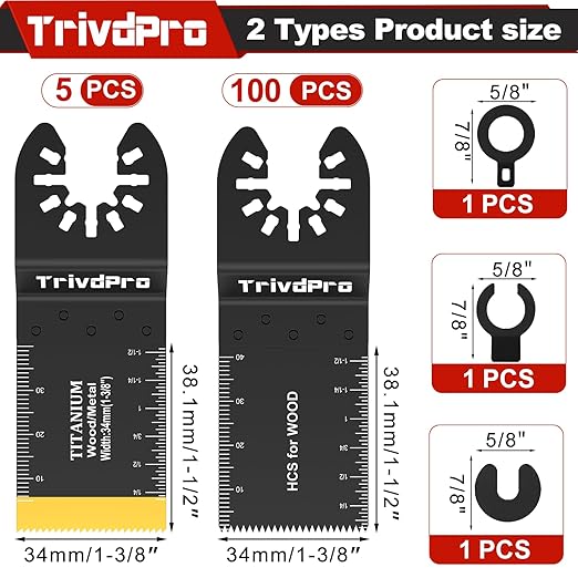 105PCS Oscillating Saw Blades, Professional Universal Titanium Multitool Blades for Wood Plastics Metal, Quick Release Multi Tool Blades Kits Fit Dewalt Ryobi Milwaukee Rockwell Fein