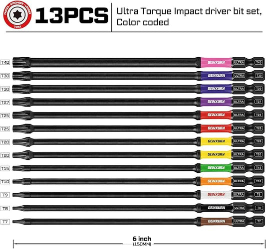 13Pcs Torx Screwdriver Bits Set, 6?쒭ouble Impact Magnetic S2 Steel Long Extension Star Driver Bits Set (T7-T40) with Color Coded Base