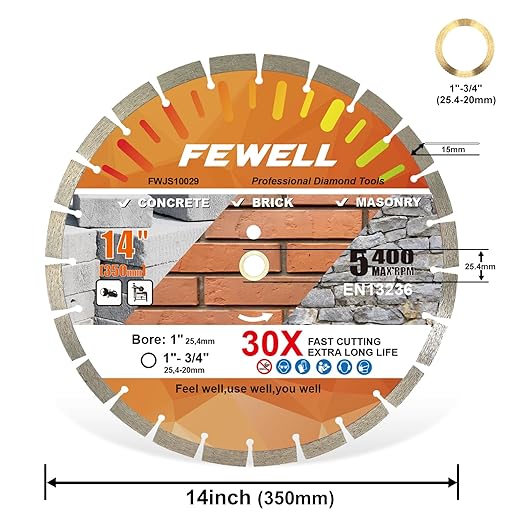 FEWELL14 Inch Diamond Concrete Saw Blade,15mm Segment General Purpose Blade Dry/Wet Cutting Concrete Masonry Brick Block Stone with a 1"-20mm Adapter