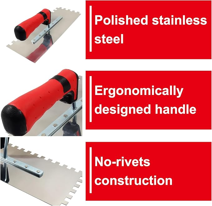 3Pcs Stainless Steel Square Notched Trowel Set with Soft Grip Handle, Tile Tools for Masonry Tile Work(6/25Inch, 5/16Inch,2/5Inch)
