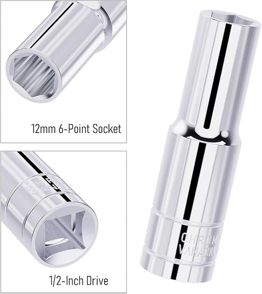 12mm Deep Socket, 1/2 Inch Drive, 6 Point, Metric, Heat Treated CR-V Steel Sockets, Full Polishing, 3.1 Inch Length(1 PC)