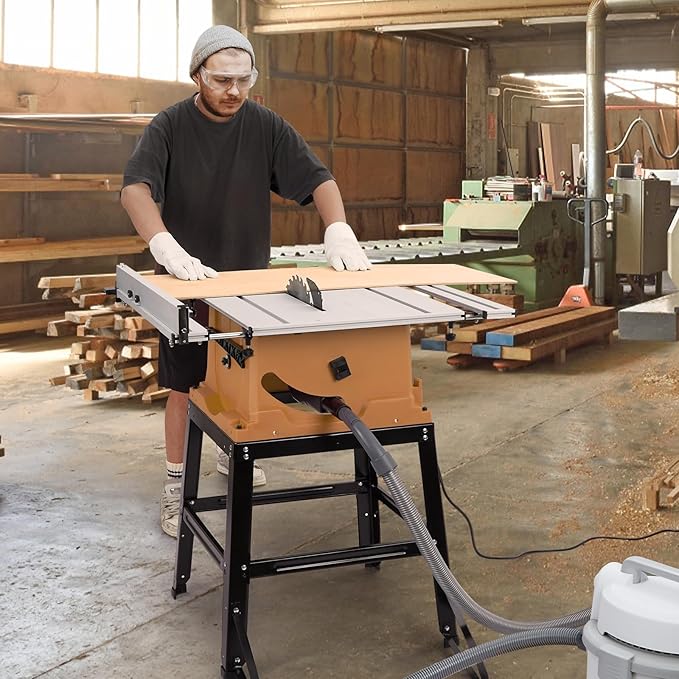 Table Saw, 10 Inch 15A Multifunctional Saw With Stand & Push Stick, 90째 Cross Cut & 0-45째 Bevel Cut, 5000RPM, Adjustable Blade Height for Woodworking, Orange