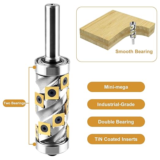 Heavy Duty Flush Trim Router Bit 1/2??Shank, 14 PCS Carbide Inserts with TiN Coating, Top and Bottom Bearing Flush-Cut Spiral CNC Router Bits for Woodworking Trimming (Double Bearing)