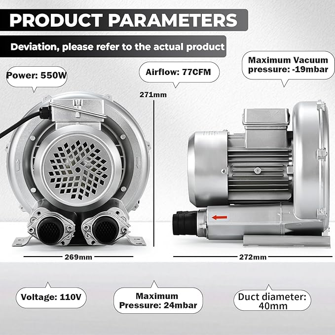 3/4HP Regenerative Blower, 77CFM 110V 60Hz Single Phase, High-Pressure Vortex Ring Blower, Industrial Vacuum Pump for Air Blowing Or Suction for Sewage Aeration Aquarium Fish Pond (0.74HP/550W)