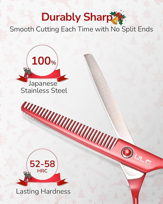ULG 6.5" Hair Thinning Scissors, Japanese Stainless Steel, Professional Texturizing Shears, Barber?셲 30-Tooth Blending Thinner for Stylist & Home Use, Christmas Gifts for Women Men Family Red