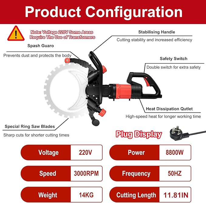 Ring Concrete Saw, Concrete Saw, 220V/8800W Concrete Cutter Saw, Brushless Electric Wall Grooving Cutting Machine Chaser, With Water Fed Dust Suppression for Slotting Brick Granite Marble Concrete Gro