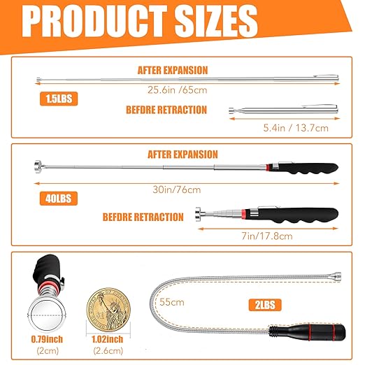 4Pcs Telescoping Magnetic Pickup Tool with 40lb Pull Force, 30in Telescopic Strong Magnet Sticks, Non-Slip Long Extendable Magnet Pickup Tools, Magnetic Nail Picker Upper