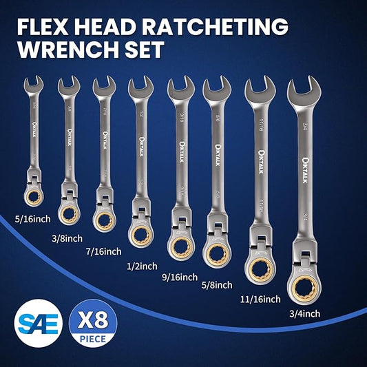 DikTalk 8PCS Flex Head Ratcheting Wrench Set, SAE 1/4"-3/4", 72-Tooth CR-V Steel with Rolling Pouch for Automotive Repair & Mechanics