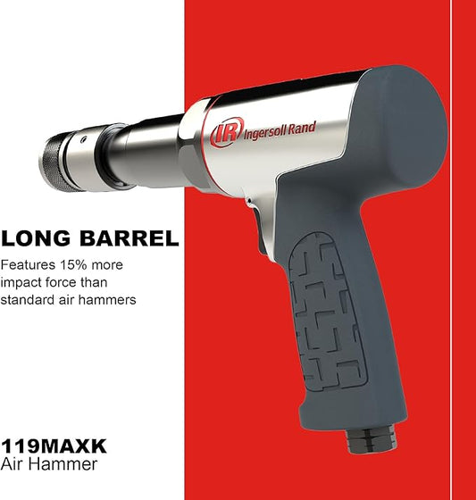 Ingersoll Rand 119MAXK Vibration Reduced Long-Barrel Air Hammer 5-Piece Chisel Set, 2,530 BPM, 3-1/2" Stroke, Round Shank