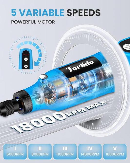 Cordless Rotary Tool Kit, 3.7V 2.0Ah Rechargeable Battery, 18000RPM 5-Speed Multi Power Carving Tools, 31Pcs Accessories, Engraving, Sanding, Grinding, Polishing, Carving, Etching, DIY-Blue 