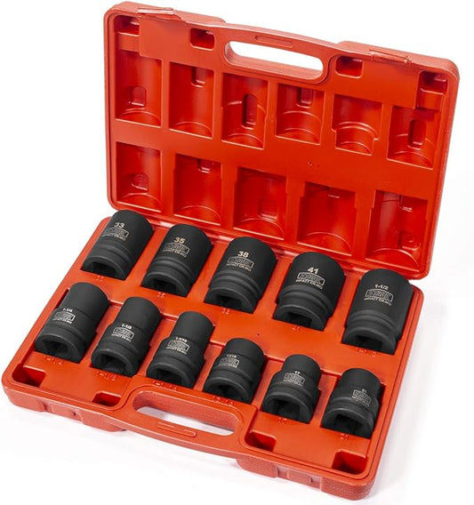 Stark USA 11-piece Premium Impact Socket Set 1"-inch Drive Metric & SAE Truck Socket Wheel Cr-Mo Steel 6-Point/Square Socket Carrying Case