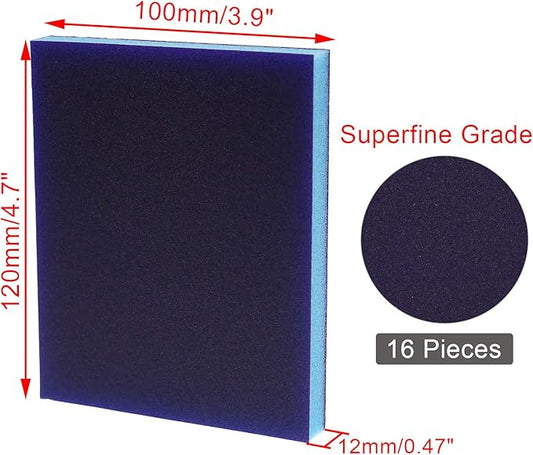 BokWin 16Pcs Sanding Sponge, 220 Grit Washable Sponge Sand Blocks, Wet and Dry Sanding Blocks for Plastic, Wood, Metal, Furniture (Superfine Grade)