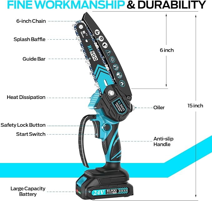 Mini Chainsaw Cordless, 6 Inch Electric Battery Chain Saw craftsman with Auto Oiler & Security Lock, Portable Small Hand Cutter for Branches, Wood Cutting, Yard, Garden Use (2 Batteries, 3 Chains)