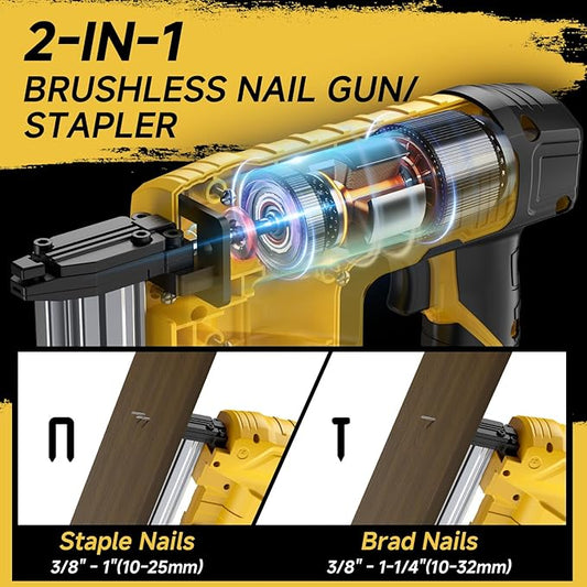 2-in-1 Cordless 18GA Brad Nailer/Staple Gun Compatible with Dewalt 20V Max Battery (No Battery), Electric Nail Gun/Stapler Battery Powered with 1000 Nails/Staples for Home Improvement, Wood Carpentry