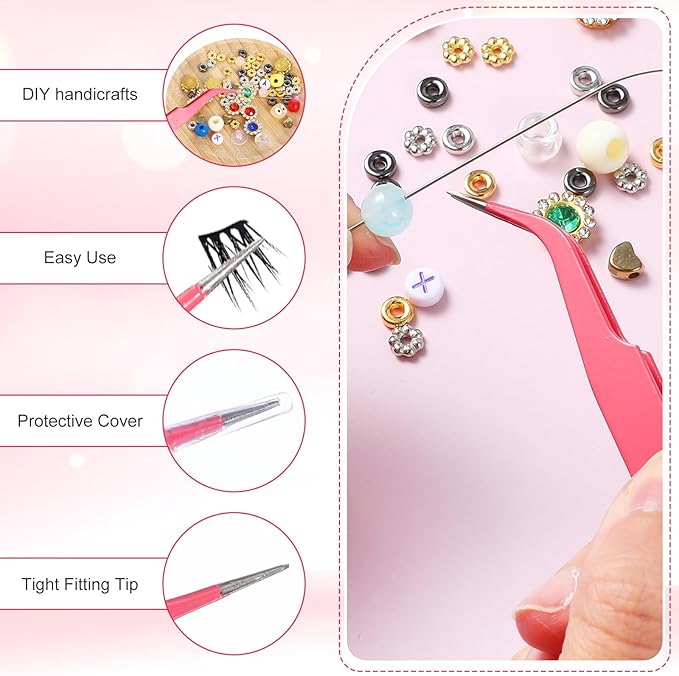10 Pieces Tweezers for Crafting, Stainless Steel Curved Pointed Tweezers Precision Tweezer with Protective Cover for Eyelash Extensions Stickers Rhinestones Crafts (Rose Red)