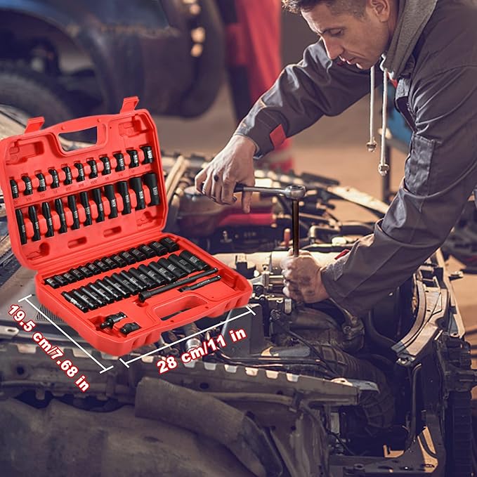 AOBEN 1/4-Inch Drive Impact Socket Set, 54 Pieces, 6 Point, SAE/Metric, (5/32" - 9/16" 竊?mm -15mm)竊똃eep/Shallow, Cr-V Steel, Includes Extension bars and Socket Adapter