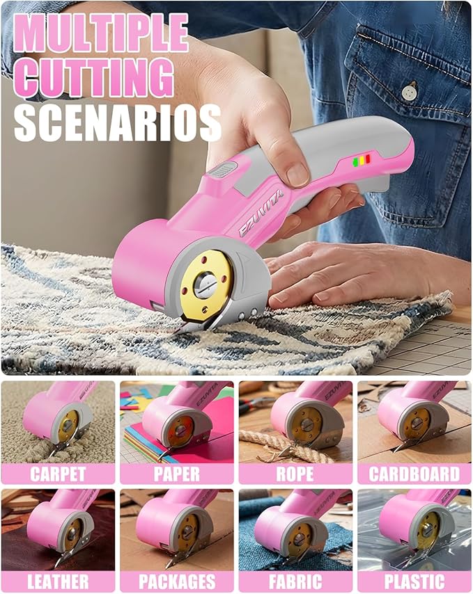 4V Cordless Electric Scissors with LED Light, Rechargeable Cardboard Box Cutter, Wrench & Titanium-Coated Replacement Blade for Fabric, Leather, Carpet & Plastic(Pink & Grey)