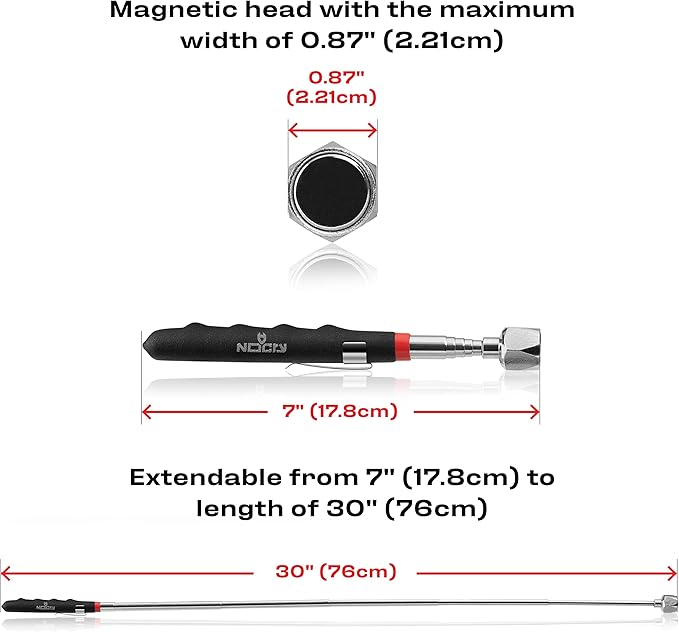 NoCry Telescoping Magnetic Pickup Tool with an Extra Strong 25lb Pull Force ??Stainless Steel Magnet Stick Extendable up to 30in; Non-Slip Rubber Handle; Rust Proof and Corrosion Resistant
